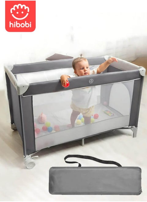 Portable Play Yard with Carry Bag and Shoulder Strap,Breathable Mesh Baby Crib with Comfortable Mattress and Carry Bag for Easy Travel and Storage