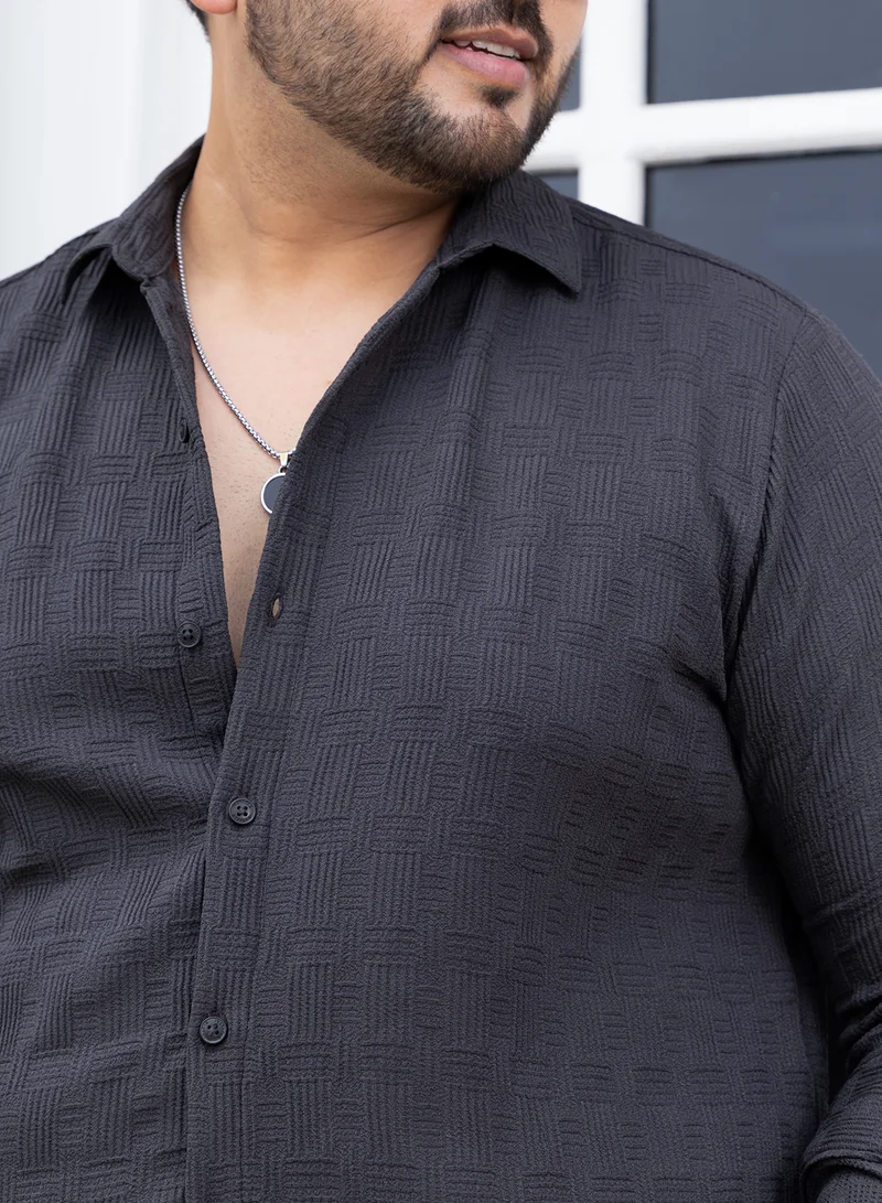 Instafab Plus Instafab Plus Men's Charcoal Grey Warpwelt-Tactile Shirt For Casual Wear | Spread Collar | Long Cuffed Sleeves | Button Closure | Plus Size Shirt Crafted With Comfort Fit For Everyday Wear