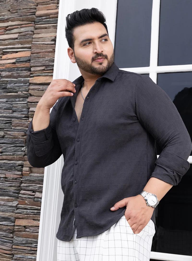 Instafab Plus Instafab Plus Men's Charcoal Grey Warpwelt-Tactile Shirt For Casual Wear | Spread Collar | Long Cuffed Sleeves | Button Closure | Plus Size Shirt Crafted With Comfort Fit For Everyday Wear