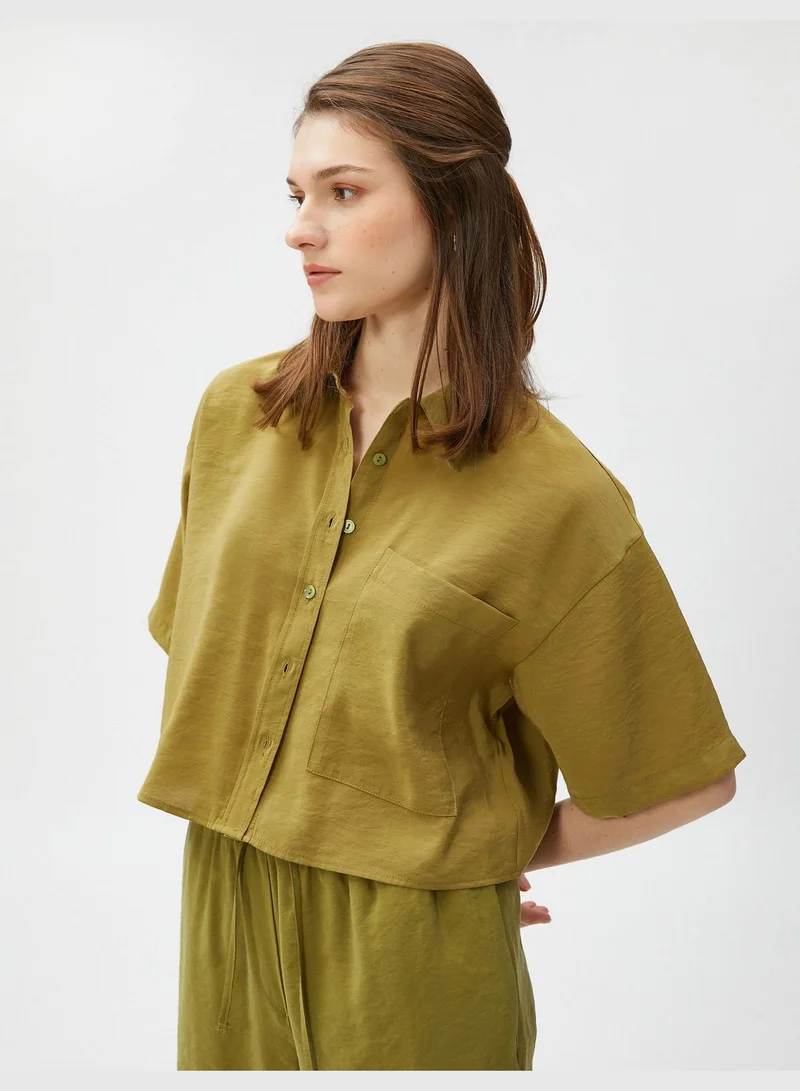 كوتون Oversized Crop Shirt Pocket Short Sleeve Modal Blended