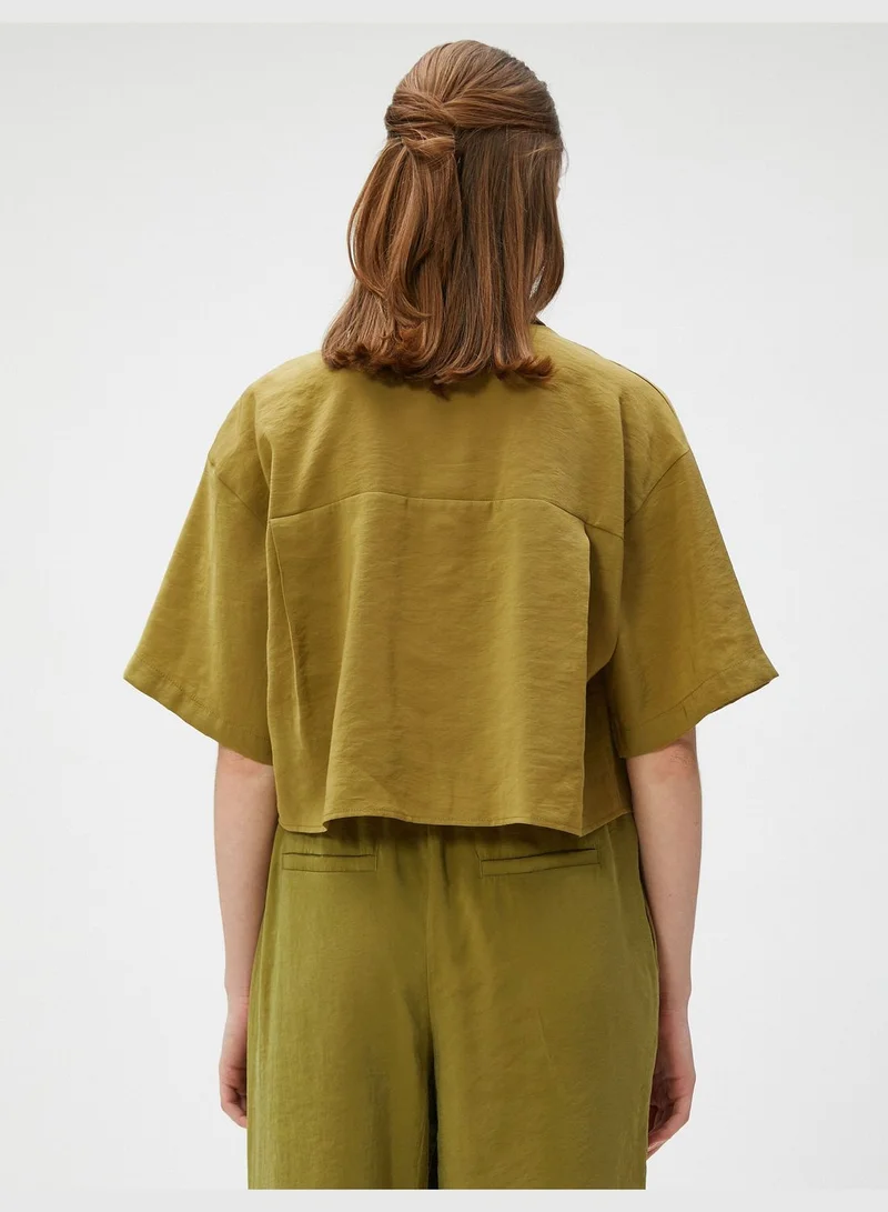 كوتون Oversized Crop Shirt Pocket Short Sleeve Modal Blended