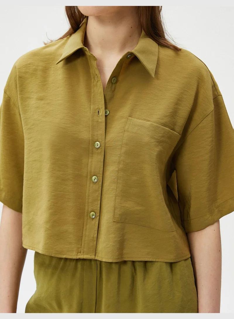 كوتون Oversized Crop Shirt Pocket Short Sleeve Modal Blended