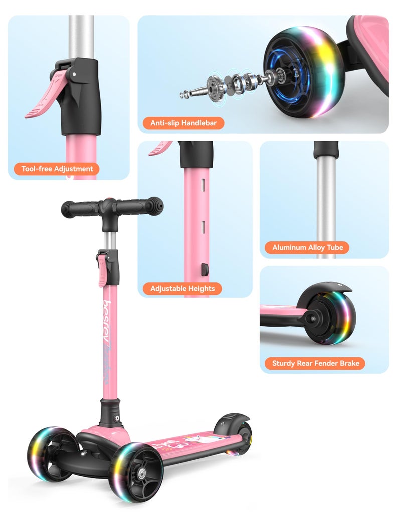 besrey Kick Scooter for Kids Ages 3-10, 3-Wheel Folding Scooter with Adjustable Height, LED Light Wheels, Extra Wide Deck for Outdoor Activities - Image 3