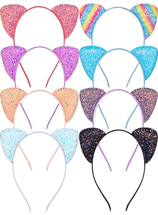 Beinou Glitter Cat Ears Headband 8 Pcs Kitty Headband For Girls And Women Sparkly Glitter Hair Metal Hoop Shiny Hairbands Hair Accessories For Daily Wearing And Party Decoration  - Image 1