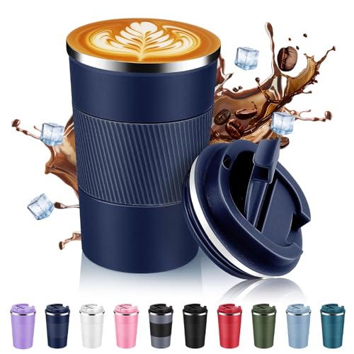 Volhoply 13 oz Stainless Steel Insulated Travel Coffee Mug with Fip LidReusable Double Wall Vacuum Metal Coffee CupPortable to Go Leak Proof Cafe Thermal Tumbler for Hot Cold DrinksNavy1 - Image 1