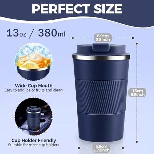 Volhoply 13 oz Stainless Steel Insulated Travel Coffee Mug with Fip LidReusable Double Wall Vacuum Metal Coffee CupPortable to Go Leak Proof Cafe Thermal Tumbler for Hot Cold DrinksNavy1 - Image 3