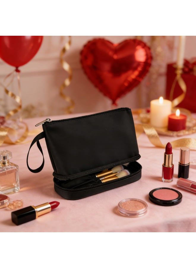 Ethereal Small Makeup Bag, 2 Layers Travel Makeup Bag with Makeup Brush Holder, Cosmetic Bag Black Make up Pouch for Women/Girls - Image 2