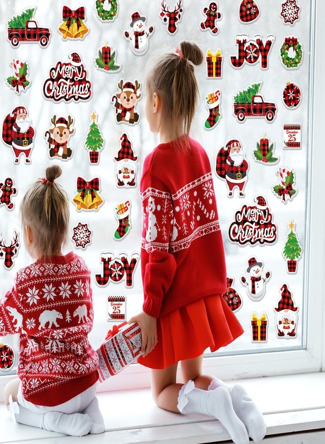Whaline 40Pcs Christmas Thick Gel Clings Cute Red Black Plaid Santa Snowman Gnome Window Gel Decals Reusable Merry Xmas Winter Window Clings for Home Classroom Nursery - Image 2