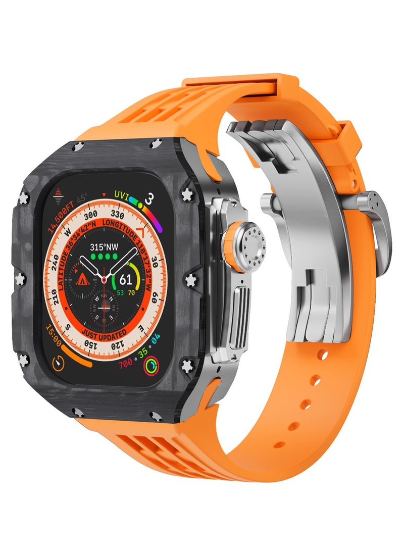 AROAQ Carbon Fiber Case For Apple Watch, 49mm Fluororubber Band Metal Bazel For Iwatch, Ultra Titanium Alloy Integrated Protective Case, (Carbon shell-silver titanium frame-orange tape) - Image 1