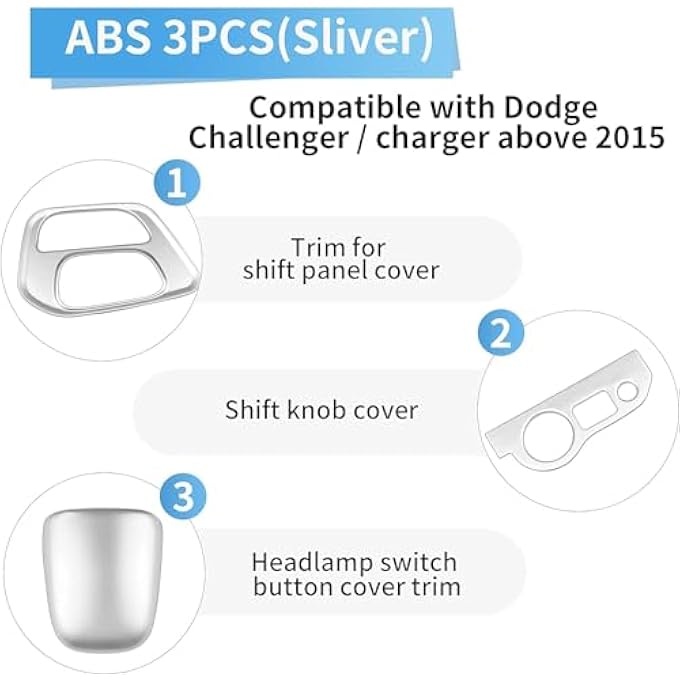 rayihni Gear Shift Panel Covers  Headlight Switch Panel Sticker  Gear Shift Trim Knob Cover Interior Accessories Compatible for 20152021 Challenger Silver - Image 3