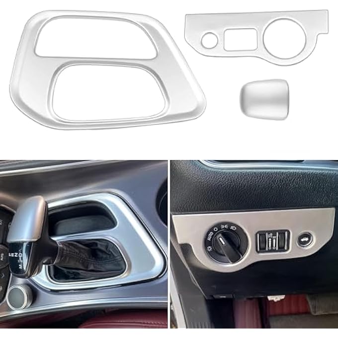 rayihni Gear Shift Panel Covers  Headlight Switch Panel Sticker  Gear Shift Trim Knob Cover Interior Accessories Compatible for 20152021 Challenger Silver - Image 5