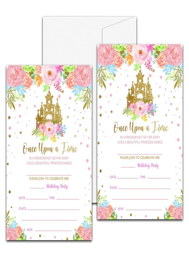 Levitatinyear Princess Birthday Party Invitation, Fairytale Castle Themed FillIn Invites, 20 Gold Foil Floral Invitations With Envelopes for Teens Girls (4 X 6), Kids Royal Party Favors Decorations and Supplies - Image 1