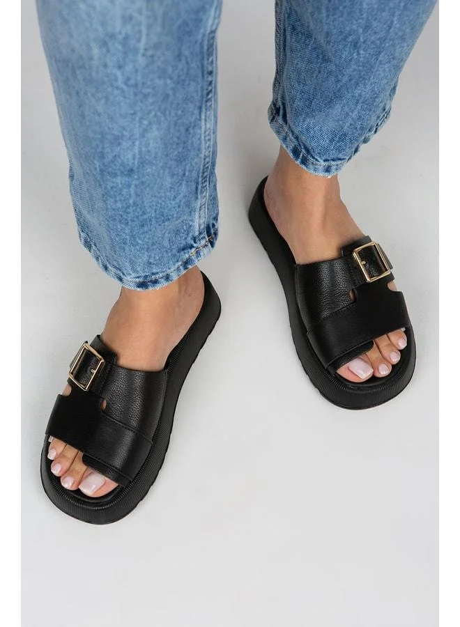 Manijero Begonia Women's Genuine Leather Buckle Black Slippers - Black