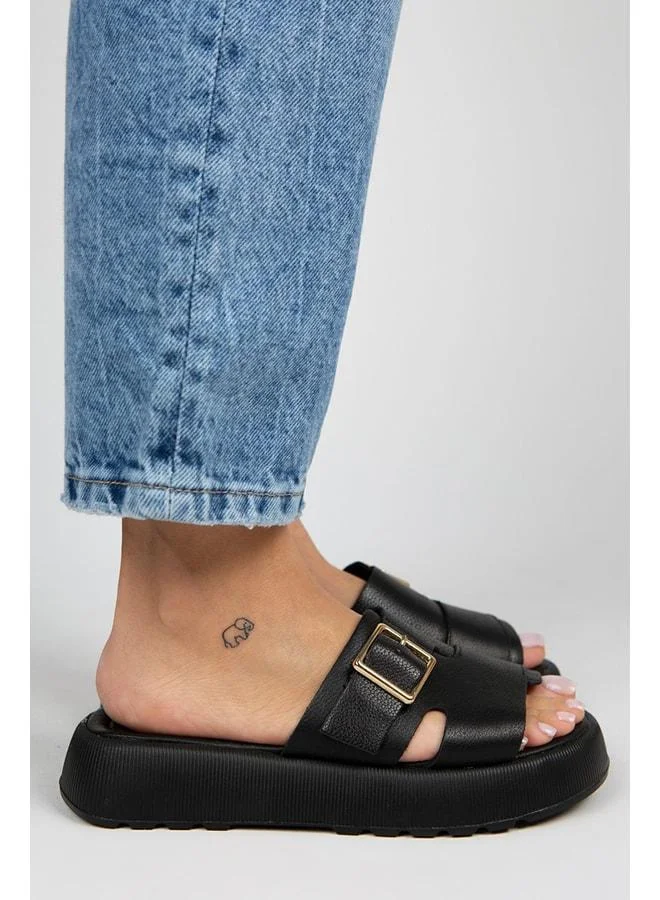 Manijero Begonia Women's Genuine Leather Buckle Black Slippers - Black