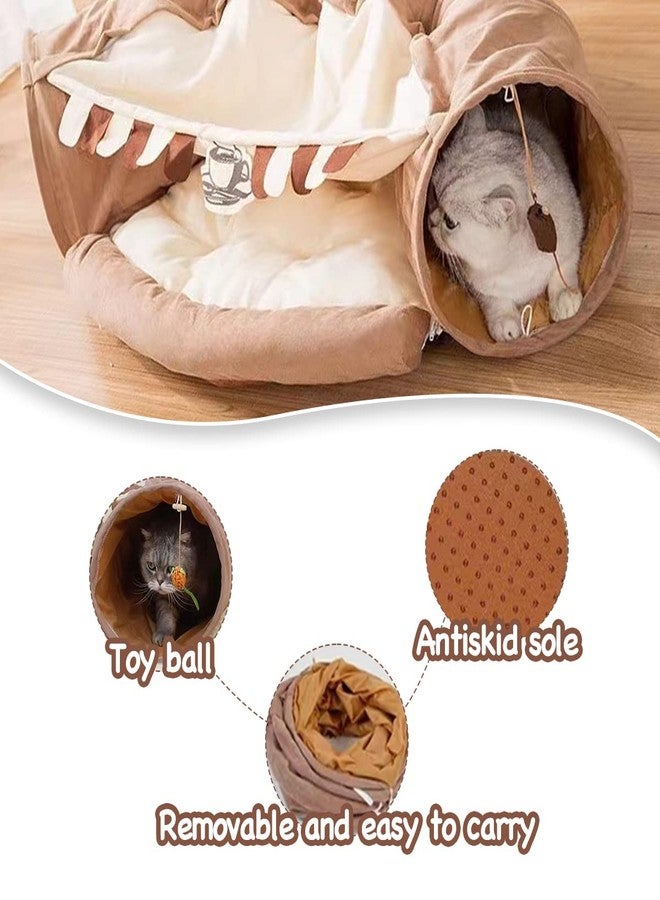 EAEDMY Cat Rabbit Tunnel Bed Nest for Cats Indoor, with Collapsible Washable Soft Cushion, Plush Ball and Exercise Wheel Tube, Fit for Puppy Bunny Kitty Kitten Ferret(2.Coffee) - Image 4