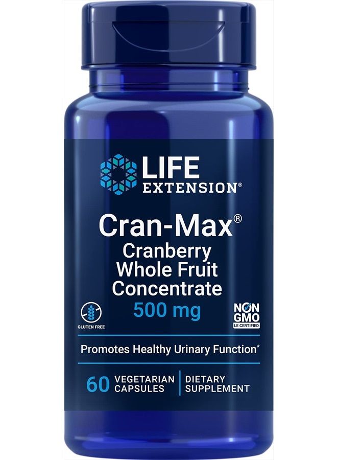 Life Extension Cran-Max 500mg Cranberry Whole Fruit Concentrate Promotes a Healthy Urinary Tract - Powerful Antioxidant - Gluten-Free, Vegetarian, Non-GMO – 60 Vegetarian Capsules - Image 1