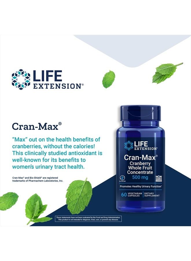 Life Extension Cran-Max 500mg Cranberry Whole Fruit Concentrate Promotes a Healthy Urinary Tract - Powerful Antioxidant - Gluten-Free, Vegetarian, Non-GMO – 60 Vegetarian Capsules - Image 4