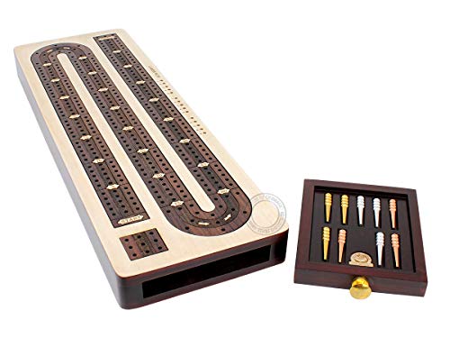 House of Cribbage - 3 Track Continuous Cribbage Board Inlaid in Rosewood - Maple Wood - Size: 12.5 Inches - Storage Drawer for Cribbage Pegs - Image 1