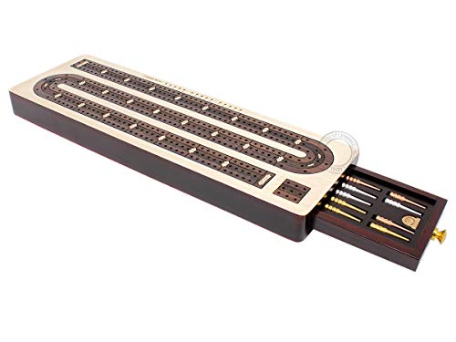 House of Cribbage - 3 Track Continuous Cribbage Board Inlaid in Rosewood - Maple Wood - Size: 12.5 Inches - Storage Drawer for Cribbage Pegs - Image 3