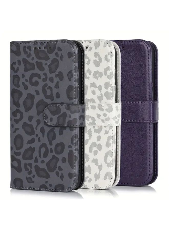 Leopard Print Phone Wallet With 3 Card Slots And Stand For iPhone 13 Mini White Cover - Image 3