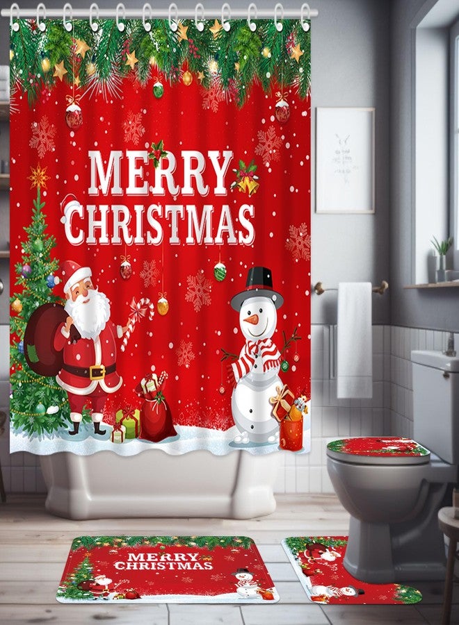 Capoda Merry Christmas Shower Curtain Set, Non Slip Bathroom Rugs, Toilet Lid Cover, U Toilet Mat for Christmas Bathroom Decoration (Snowman) - Image 1