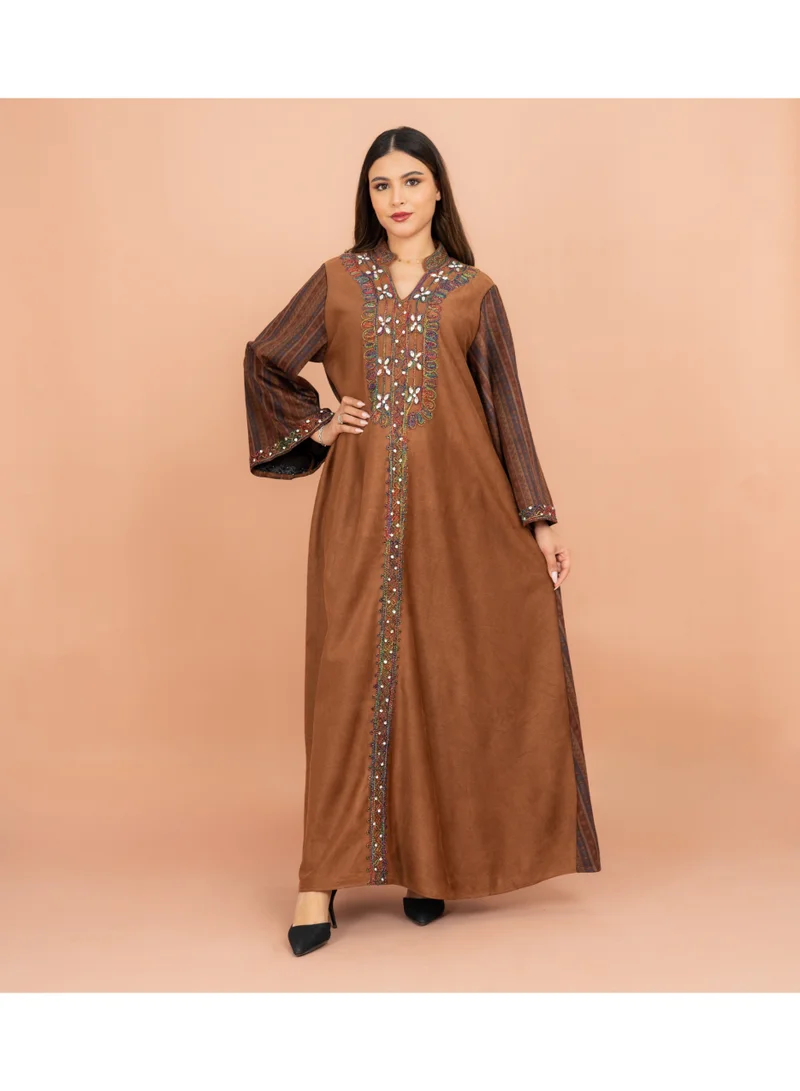 IKKXA Colorful Embroidery Soild Winter Jalabiya IK1069 Brown