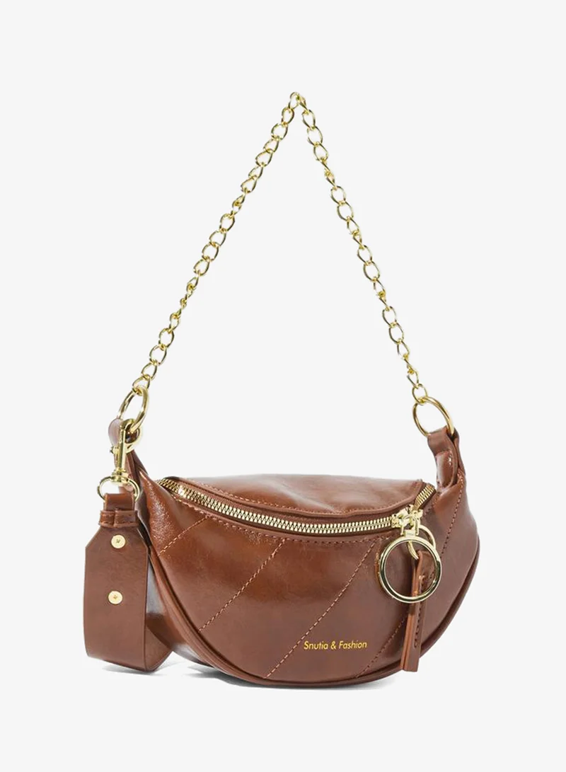 Styli Brown Zip Shoulder Bag With Chain Strap