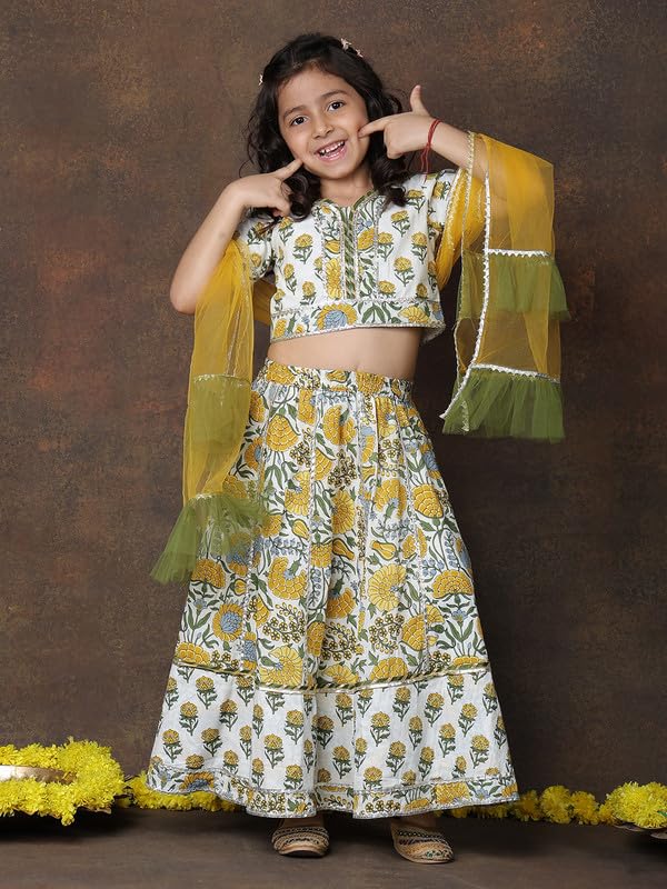 superminis Girls Floral Printed Cotton Half Sleeve Lehenga Choli Set With Net Dupatta Kids Ethnic Wear Set (8-10 Years, Yellow) - Image 2