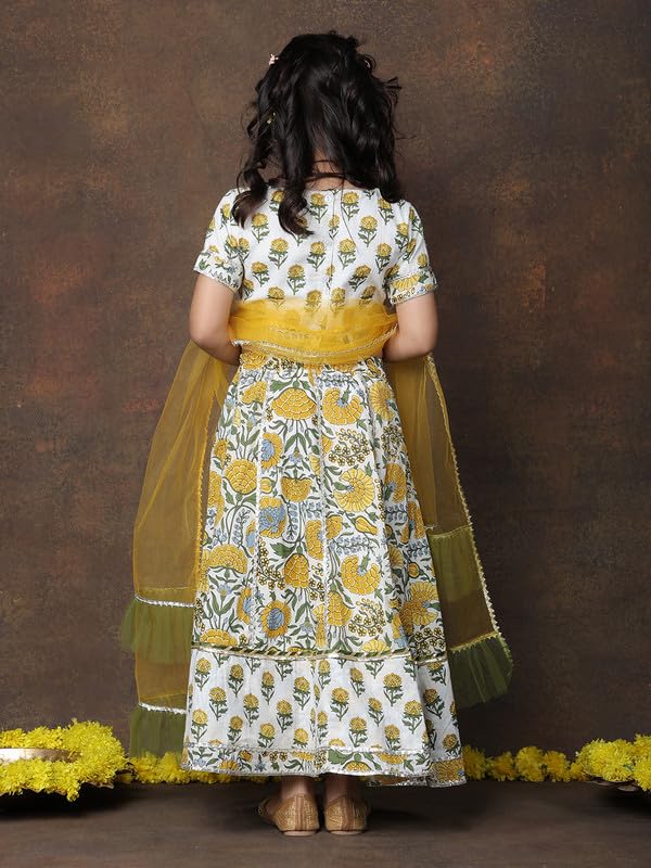 superminis Girls Floral Printed Cotton Half Sleeve Lehenga Choli Set With Net Dupatta Kids Ethnic Wear Set (8-10 Years, Yellow) - Image 5