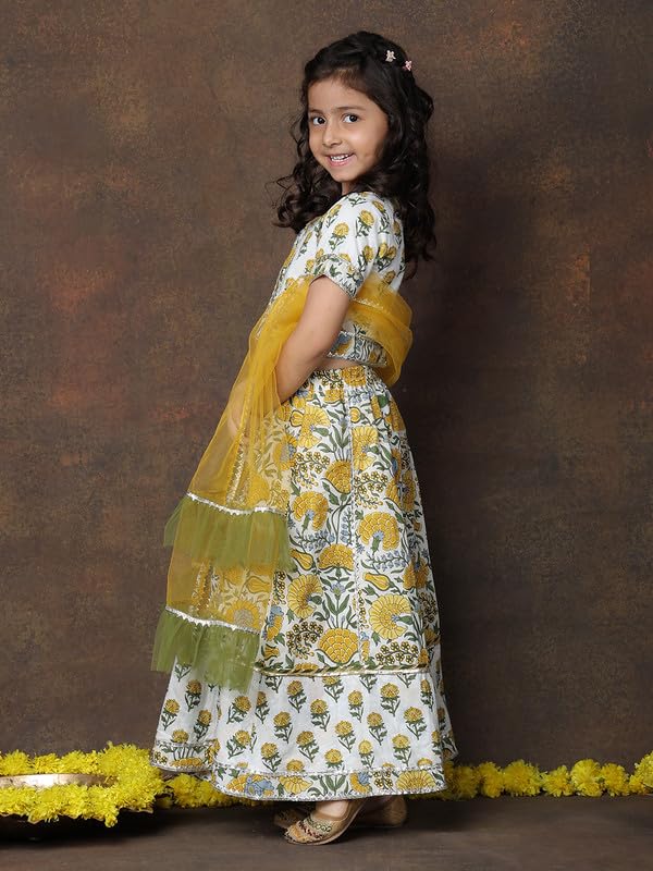superminis Girls Floral Printed Cotton Half Sleeve Lehenga Choli Set With Net Dupatta Kids Ethnic Wear Set (8-10 Years, Yellow) - Image 3