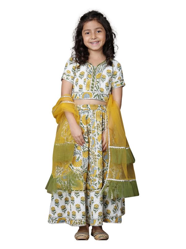 superminis Girls Floral Printed Cotton Half Sleeve Lehenga Choli Set With Net Dupatta Kids Ethnic Wear Set (8-10 Years, Yellow) - Image 1