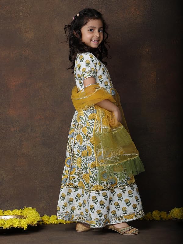 superminis Girls Floral Printed Cotton Half Sleeve Lehenga Choli Set With Net Dupatta Kids Ethnic Wear Set (8-10 Years, Yellow) - Image 4