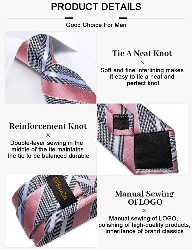 DiBanGu Mens Striped Tie Silk Woven Necktie and Pocket Square Cufflinks Tie Clip Set Wedding Business Formal, Pink and Grey - Image 5