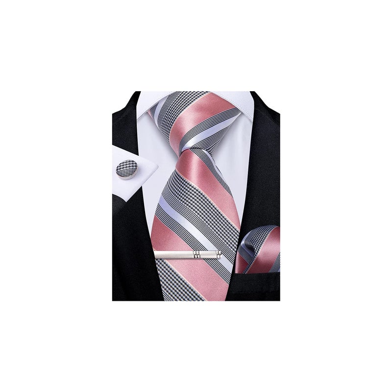DiBanGu Mens Striped Tie Silk Woven Necktie and Pocket Square Cufflinks Tie Clip Set Wedding Business Formal, Pink and Grey - Image 1