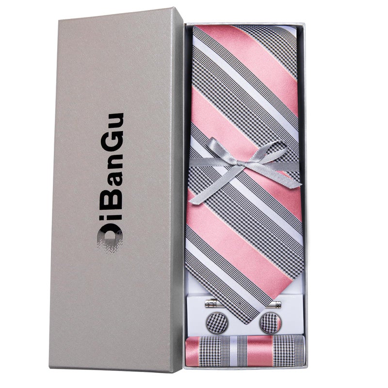DiBanGu Mens Striped Tie Silk Woven Necktie and Pocket Square Cufflinks Tie Clip Set Wedding Business Formal, Pink and Grey - Image 3