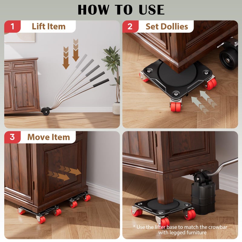 ONEON Furniture Mover Ultra with 8 Wheels â€“ All-New Upgraded Heavy Item Moving Tool Double-Wheeled Low-Profile Dolly with Auxiliary Lifter, Full Carbon Steel Panels, Supports up to 1650 lbs - Image 5