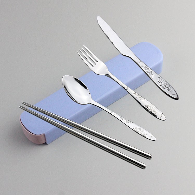 Creative Printing Stainless Steel Tableware Four-Piece Portable Tableware Set Chopsticks Spoon Fork Can Print Logo - Image 1