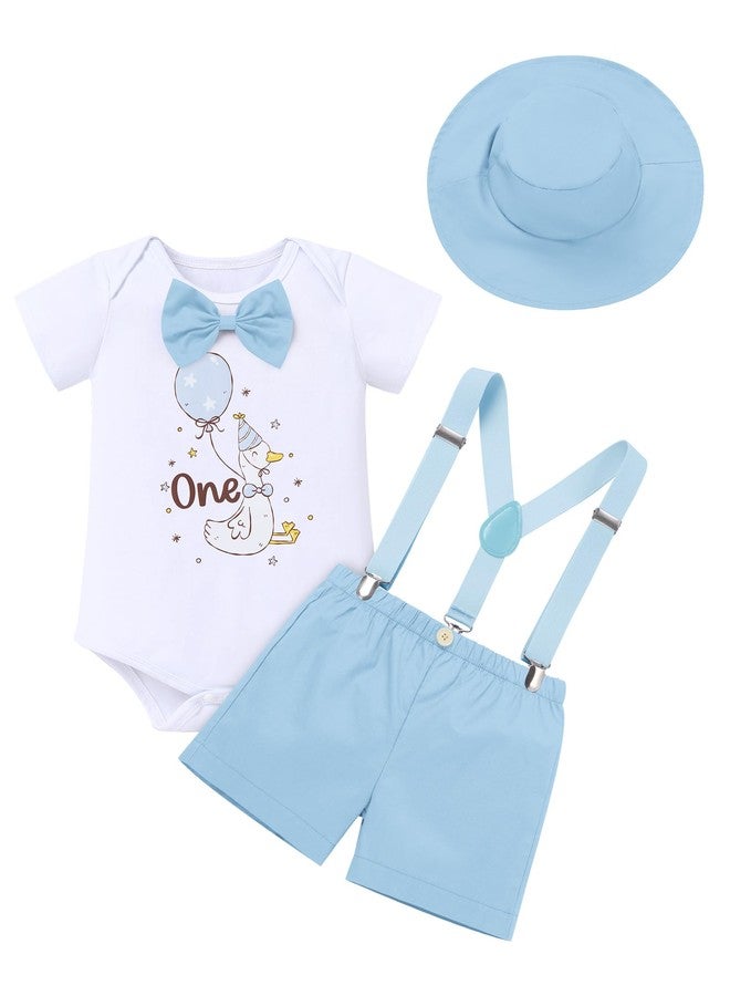 IMEKIS Wild One Birthday Outfit Boy: Baby Toddler 1st First Smash Cake Photoshoot Bowtie Romper Suspenders Shorts Hat Sets Easter Holiday Spring Fall Holiday Clothes Light Blue Goose One 9-12 Months - Image 1