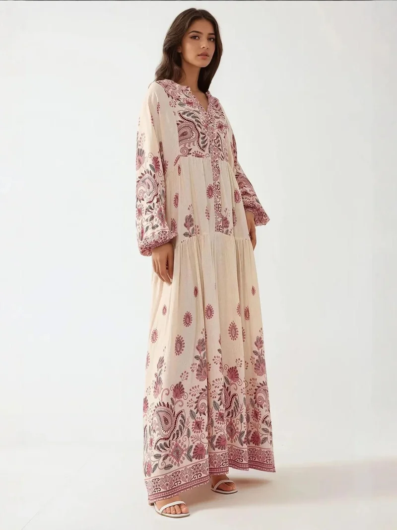 هيكاب Printed V-neck Maxi Dress with Button Detail
