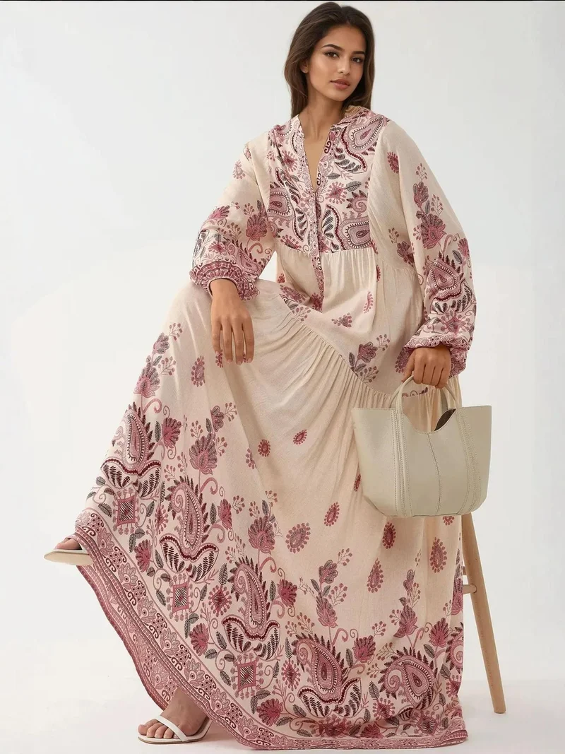 هيكاب Printed V-neck Maxi Dress with Button Detail