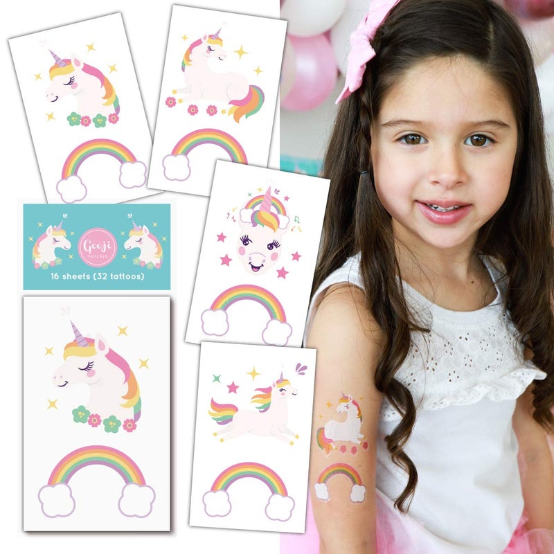 Gooji Unicorn Temporary Tattoos (16 sheets, 32 tattoos) Party Favors and Supplies for Children's Birthday | Fake, Non-Toxic, Skin Safe | Bright, Colorful Designs for Kids, Adults | Easily Removable - Image 2