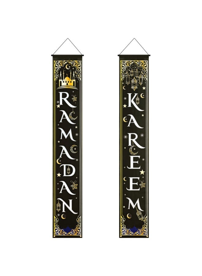 Chielor Ramadan Kareem Porch Banner,  Islamic Ramadan Banner Decorations Hanging Ramadan Banner Muslim Eid Porch Sign Polyester Ramadan Kareem Couplet for Indoor Outdoor Front Door Eid Mubarak Party Decor - Image 1
