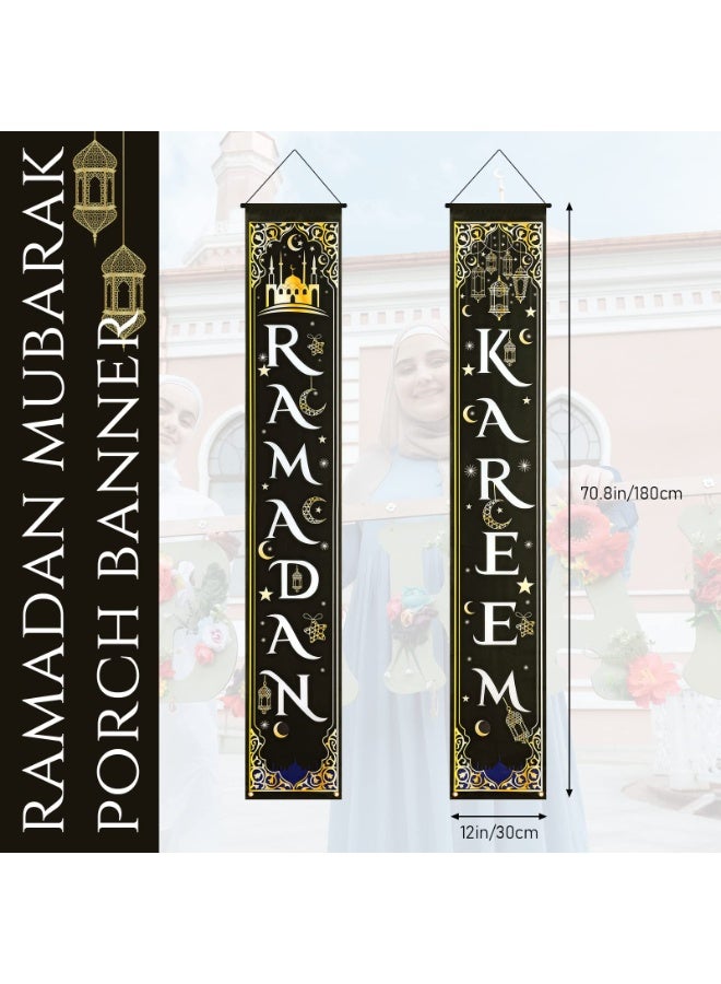 Chielor Ramadan Kareem Porch Banner,  Islamic Ramadan Banner Decorations Hanging Ramadan Banner Muslim Eid Porch Sign Polyester Ramadan Kareem Couplet for Indoor Outdoor Front Door Eid Mubarak Party Decor - Image 3