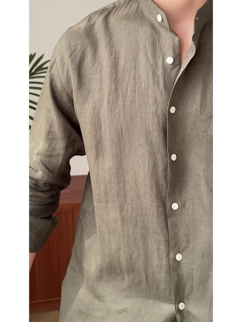 Breathable Linen Long-Sleeve Mens Casual Shirt Brown  - Image 5