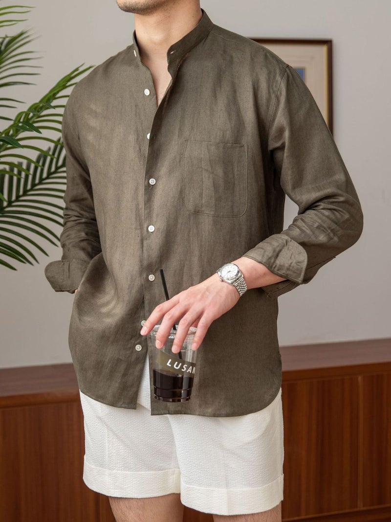 Breathable Linen Long-Sleeve Mens Casual Shirt Brown  - Image 3
