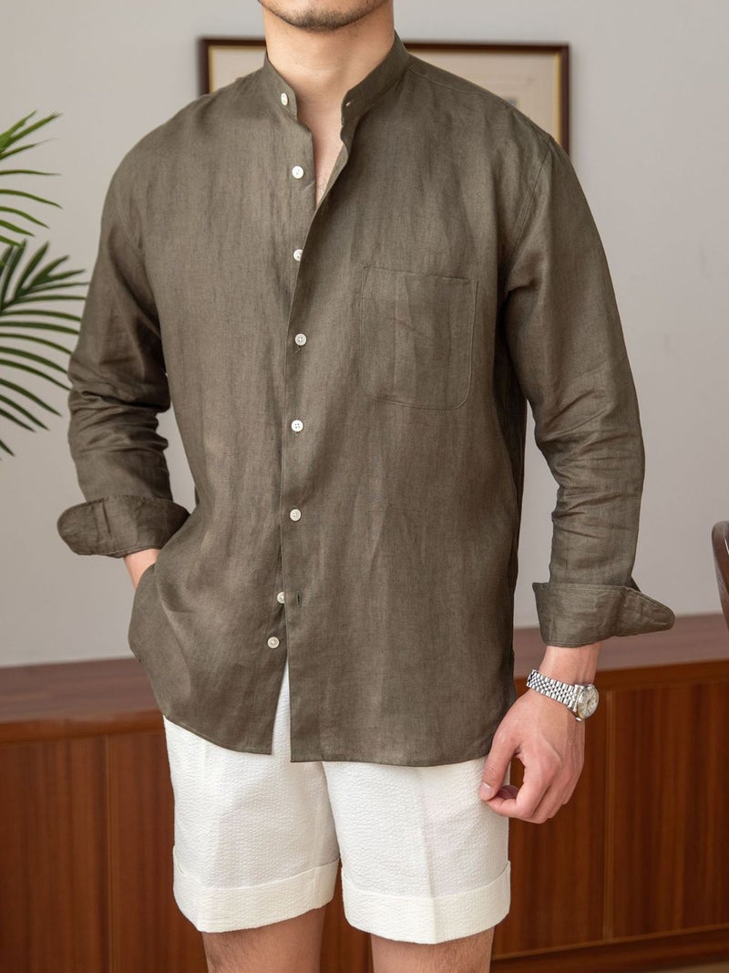 Breathable Linen Long-Sleeve Mens Casual Shirt Brown  - Image 1