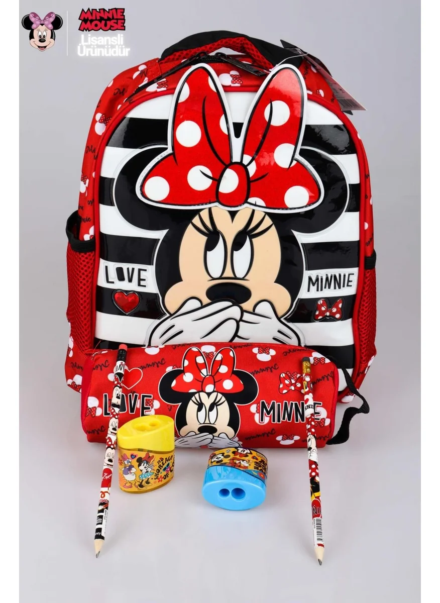 Minnie Mouse Licensed Kindergarten Bag, Pencil Bag, 2 Pieces Pencil and Sharpener School Set Due Iconıc