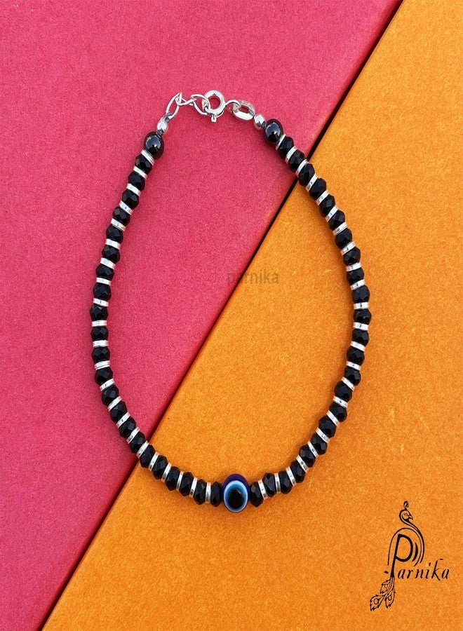Parnika (Formerly MJ 925 Trendy Black Crystals Beads Nazariya Silver Bracelet in Pure 92.5 Sterling Silver | With Certificate of Authenticity | Gift For Girls n Women | (Evil Eye) - Image 4