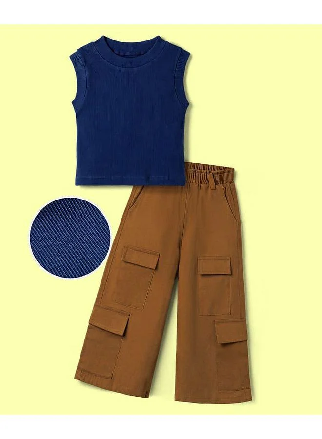 Ollington St. OLLINGTON ST. Rib Lycra Knitted Top & Woven Twill Pant Set - Navy & Brown