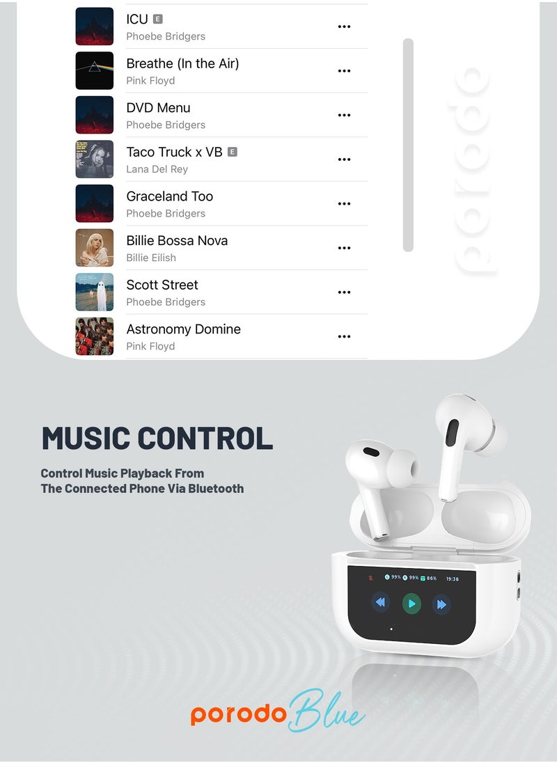 porodo - Earbuds Pro 2 With Touch Display with Environmental Noise Cancellation and ANC / Deep Bass / Touch Control / 20 Hours Working Time /1.47 inch Screen size - White - Image 1
